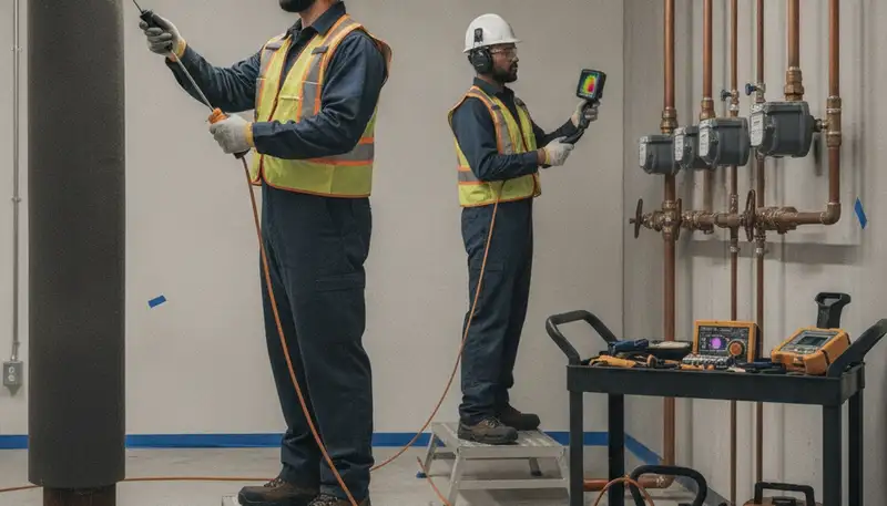 Leak detection plumber inspecting hidden pipe leaks in Flagstaff, AZ home