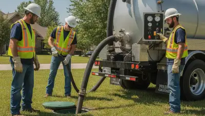 Septic pumping service truck for Flagstaff, AZ homes in front of a residential property