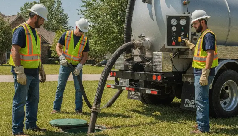 Septic pumping service truck for Flagstaff, AZ homes in front of a residential property