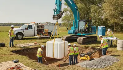 Septic tank installation crew serving Flagstaff, AZ homes with plumbing equipment and trench work